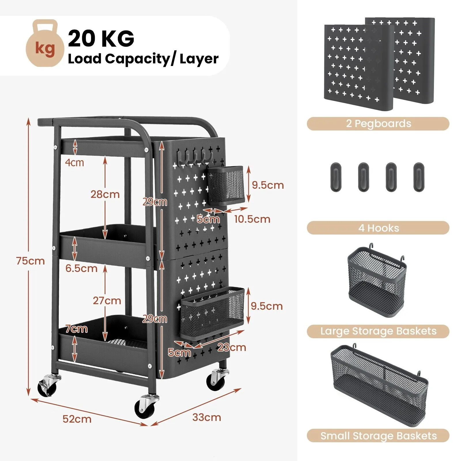 3 Tier Rolling Storage Organizer Cart with Dual DIY Pegboards Grey