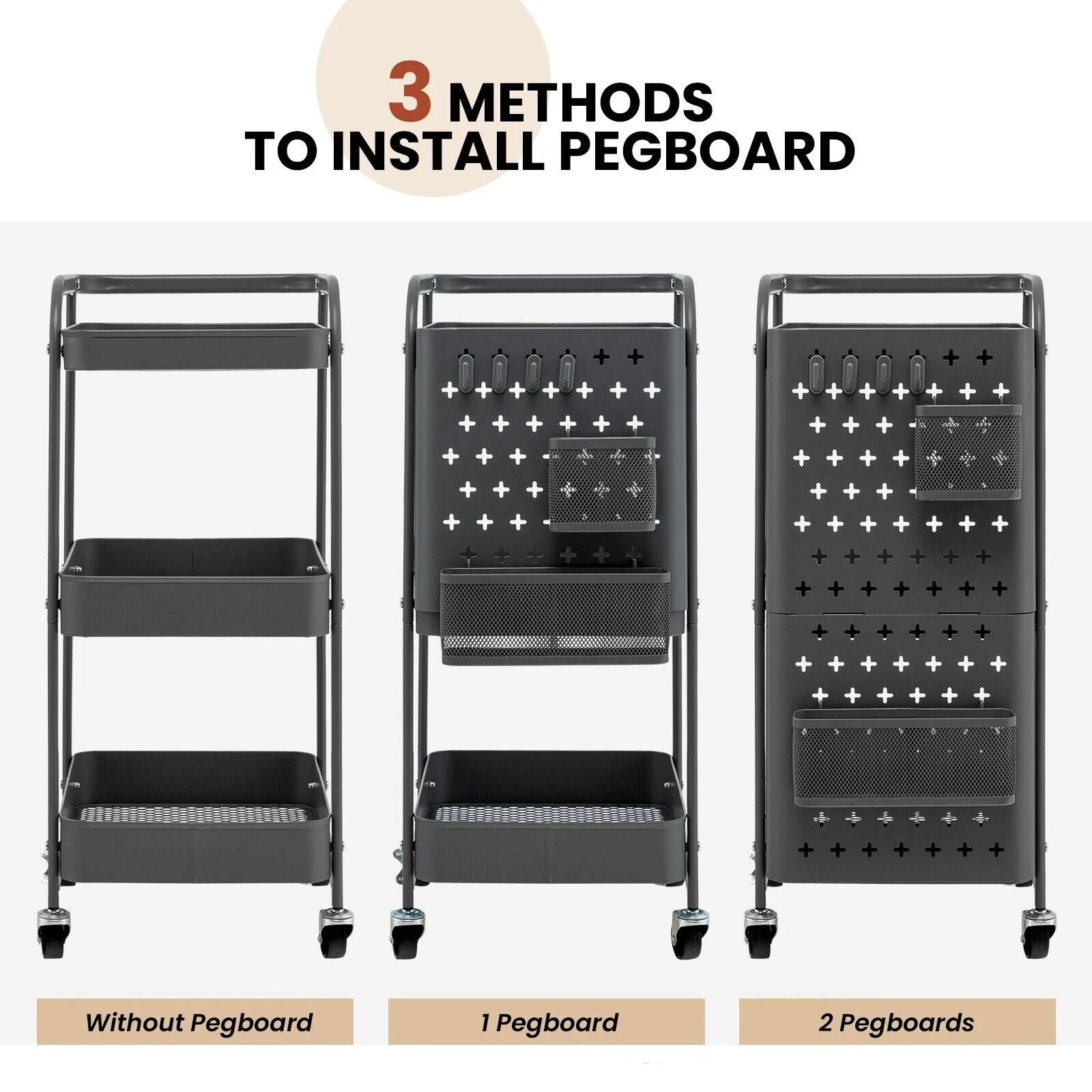 3 Tier Rolling Storage Organizer Cart with Dual DIY Pegboards Grey