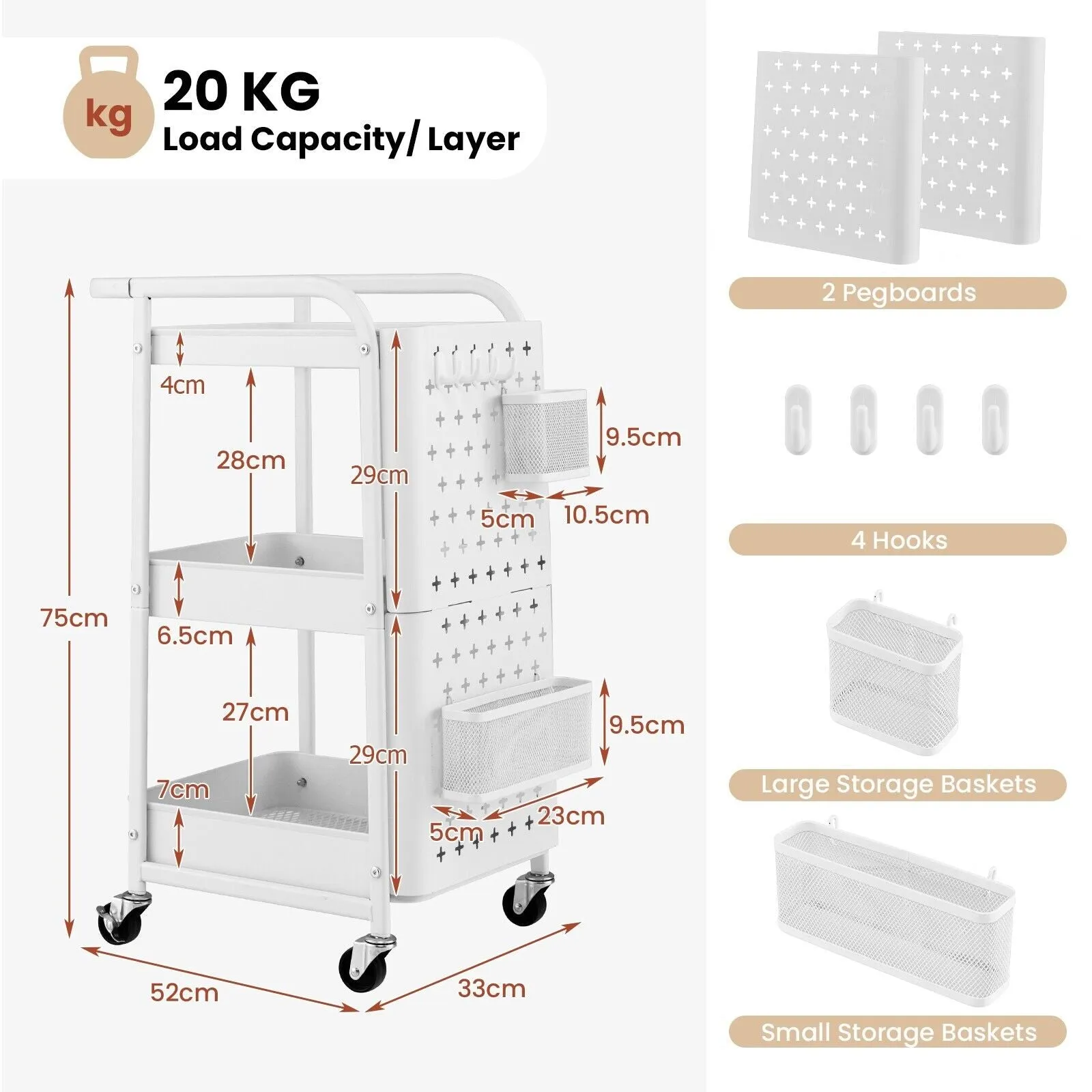 3-Tier Rolling Storage Organizer Cart with Dual DIY Pegboards-White