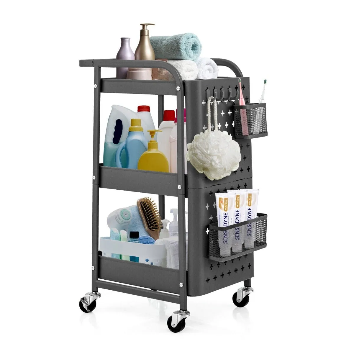 3-Tier Rolling Storage Organizer Cart with Dual DIY Pegboards