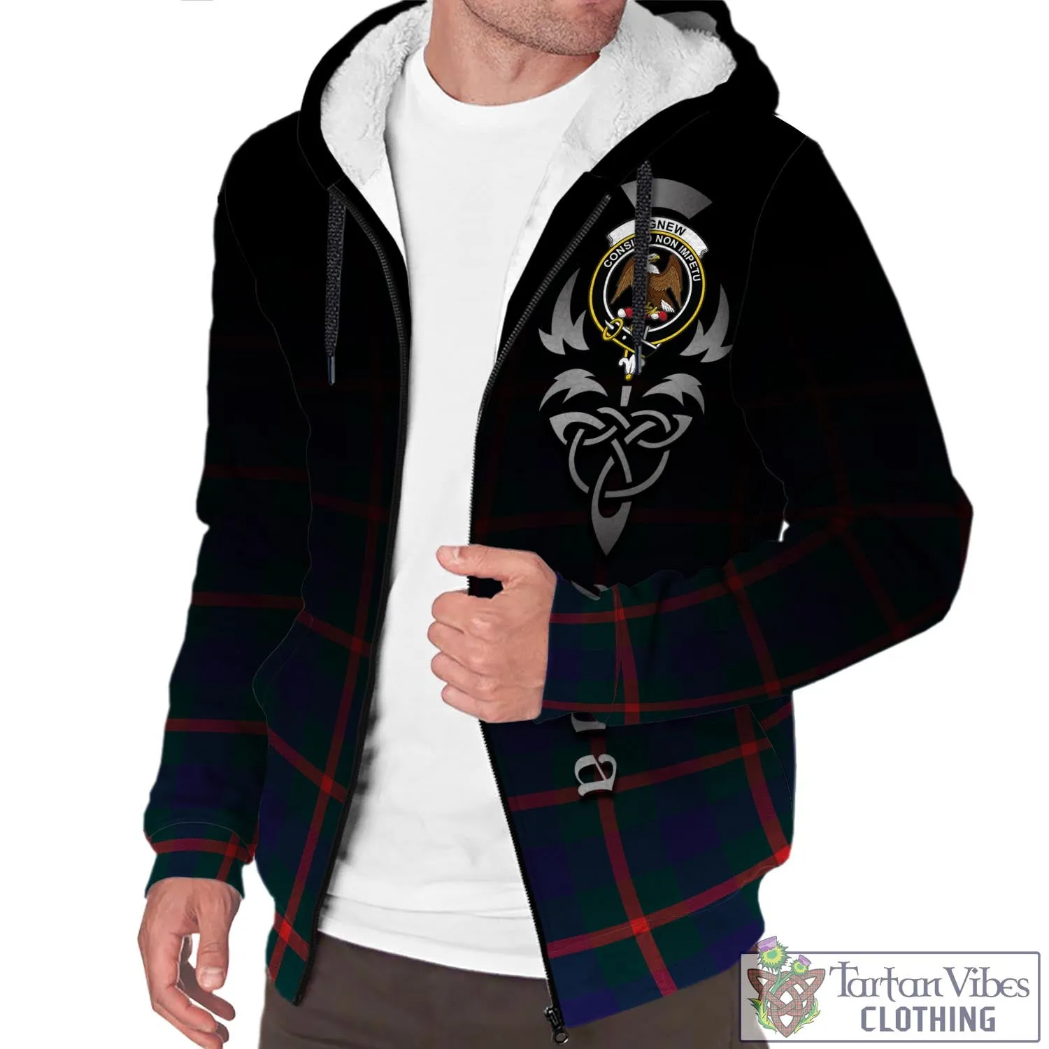 Agnew Tartan Sherpa Hoodie Featuring Alba Gu Brath Family Crest Celtic Inspired