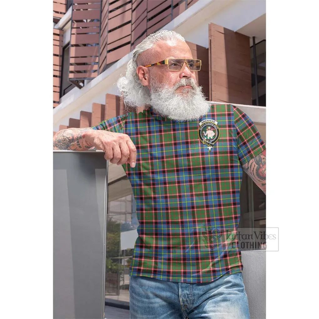 Aikenhead Tartan Cotton T-shirt with Family Crest and Bearded Skull Holding Bottles of Whiskey