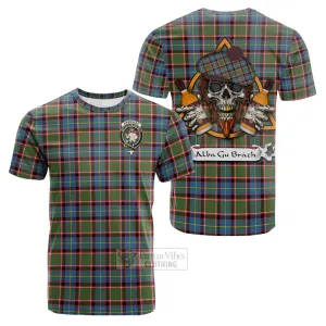 Aikenhead Tartan Cotton T-shirt with Family Crest and Bearded Skull Holding Bottles of Whiskey