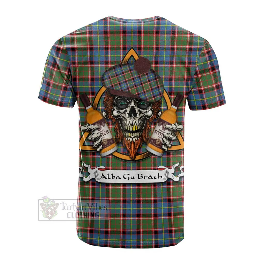 Aikenhead Tartan Cotton T-shirt with Family Crest and Bearded Skull Holding Bottles of Whiskey