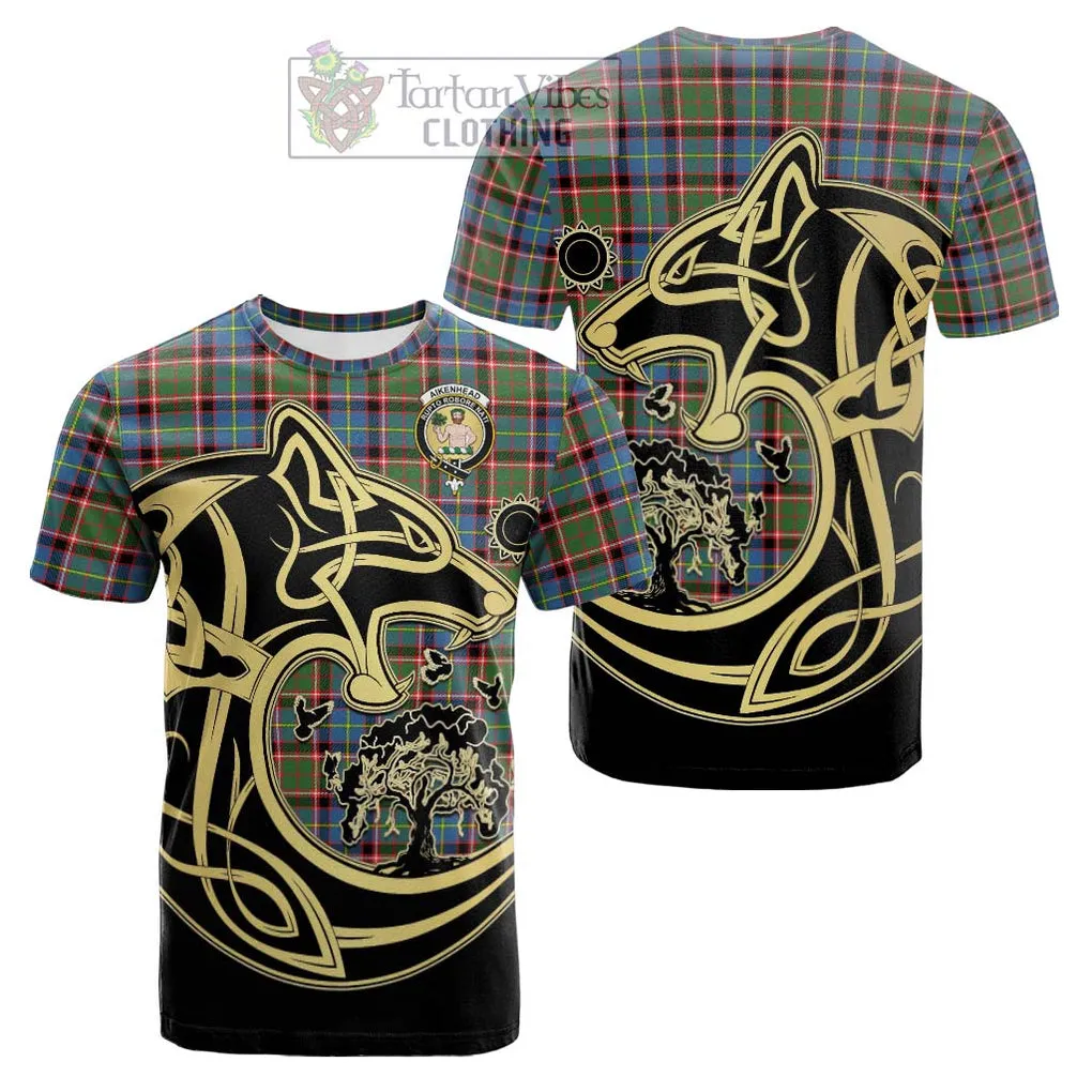 Aikenhead Tartan Cotton T-shirt with Family Crest Celtic Wolf Style