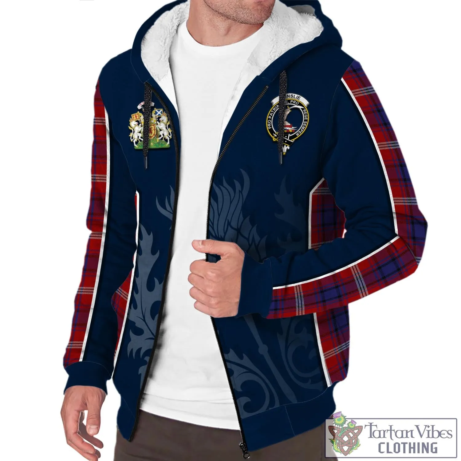 Ainslie Tartan Sherpa Hoodie with Family Crest and Scottish Thistle Vibes Sport Style