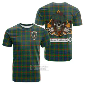 Aiton Tartan Cotton T-shirt with Family Crest and Bearded Skull Holding Bottles of Whiskey