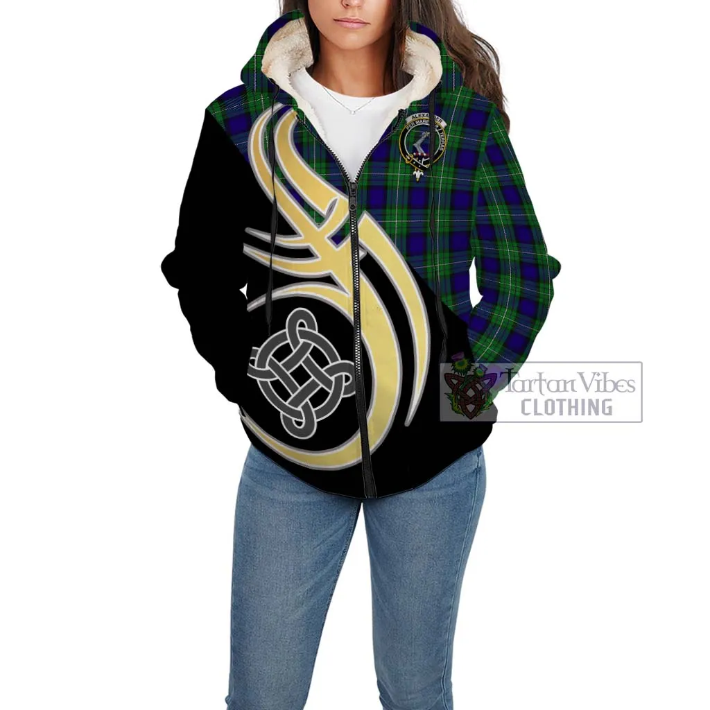 Alexander Tartan Sherpa Hoodie with Family Crest and Celtic Symbol Style