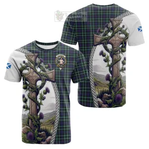 Allardice Tartan Cotton T-shirt with Family Crest and St. Andrew's Cross Accented by Thistle Vines