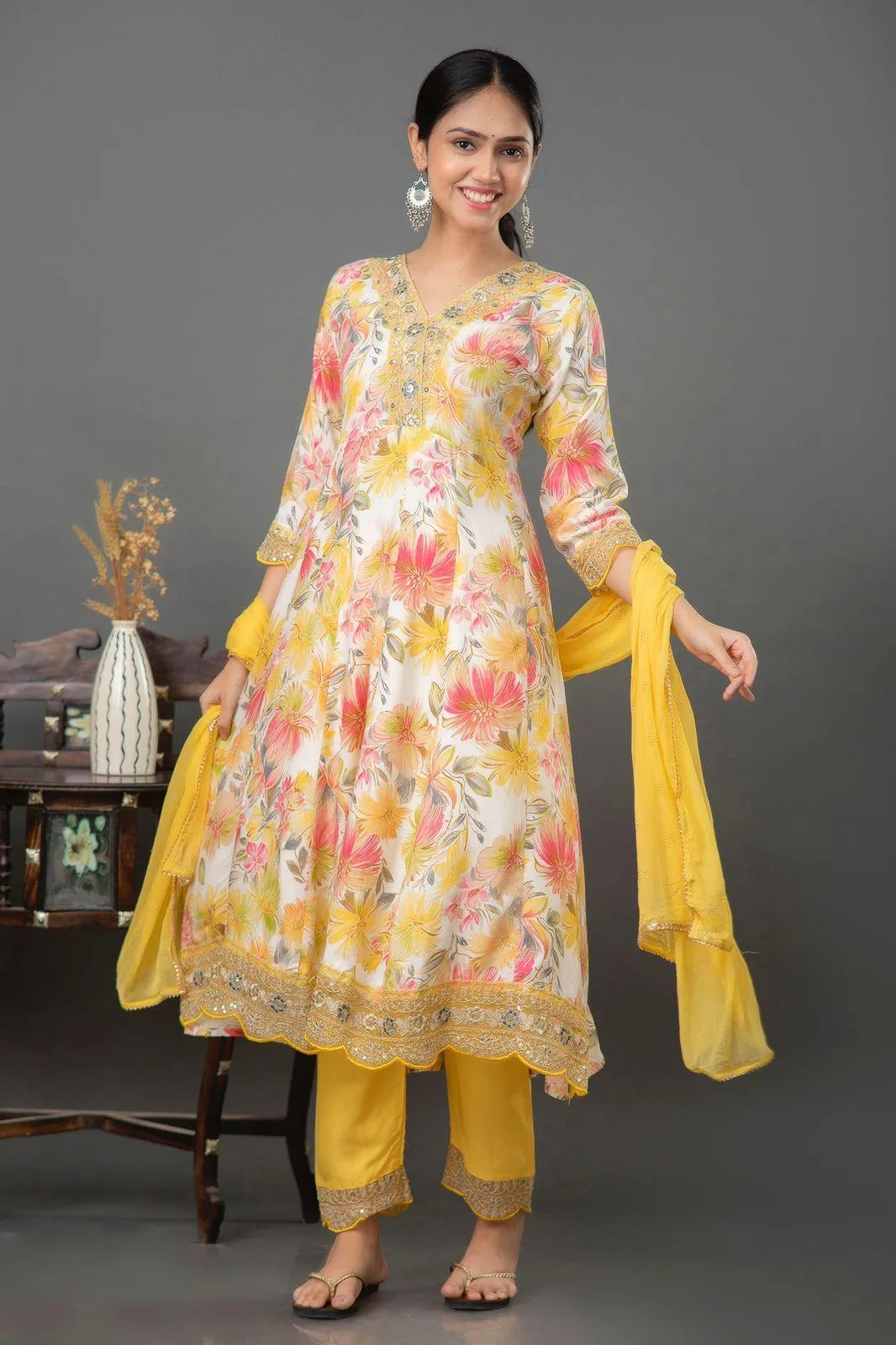 Anarkali Style Yellow Floral Rayon Kurti Set with Organza Detailing