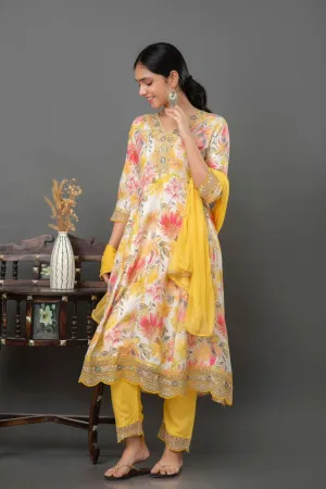 Anarkali Style Yellow Floral Rayon Kurti Set with Organza Detailing