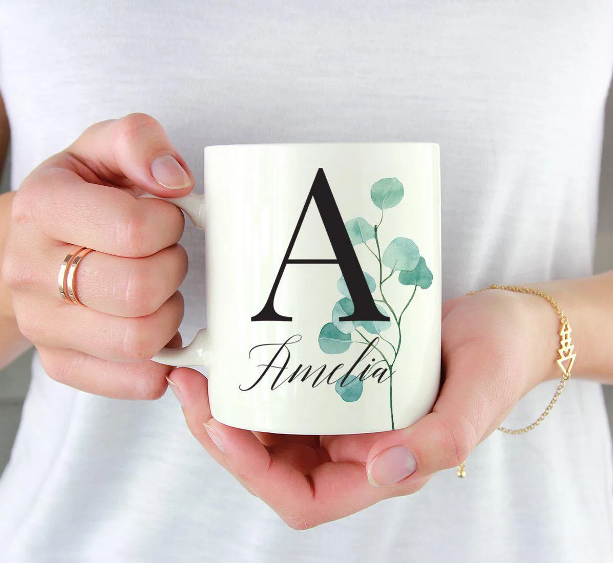 Andaz Press 11oz Personalized Eucalyptus Leaves Greenery Monogram Coffee Mug