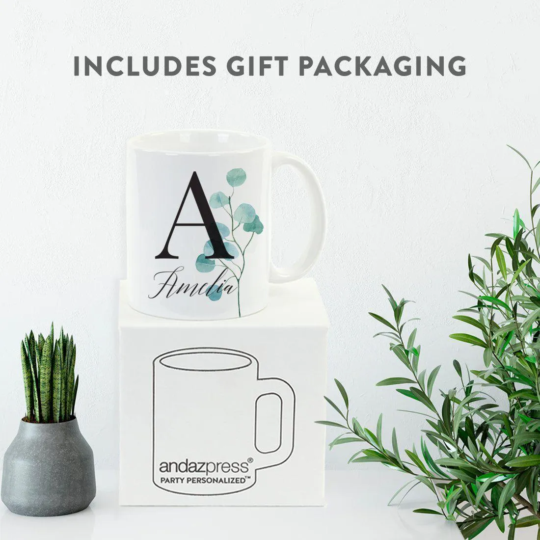 Andaz Press 11oz Personalized Eucalyptus Leaves Greenery Monogram Coffee Mug