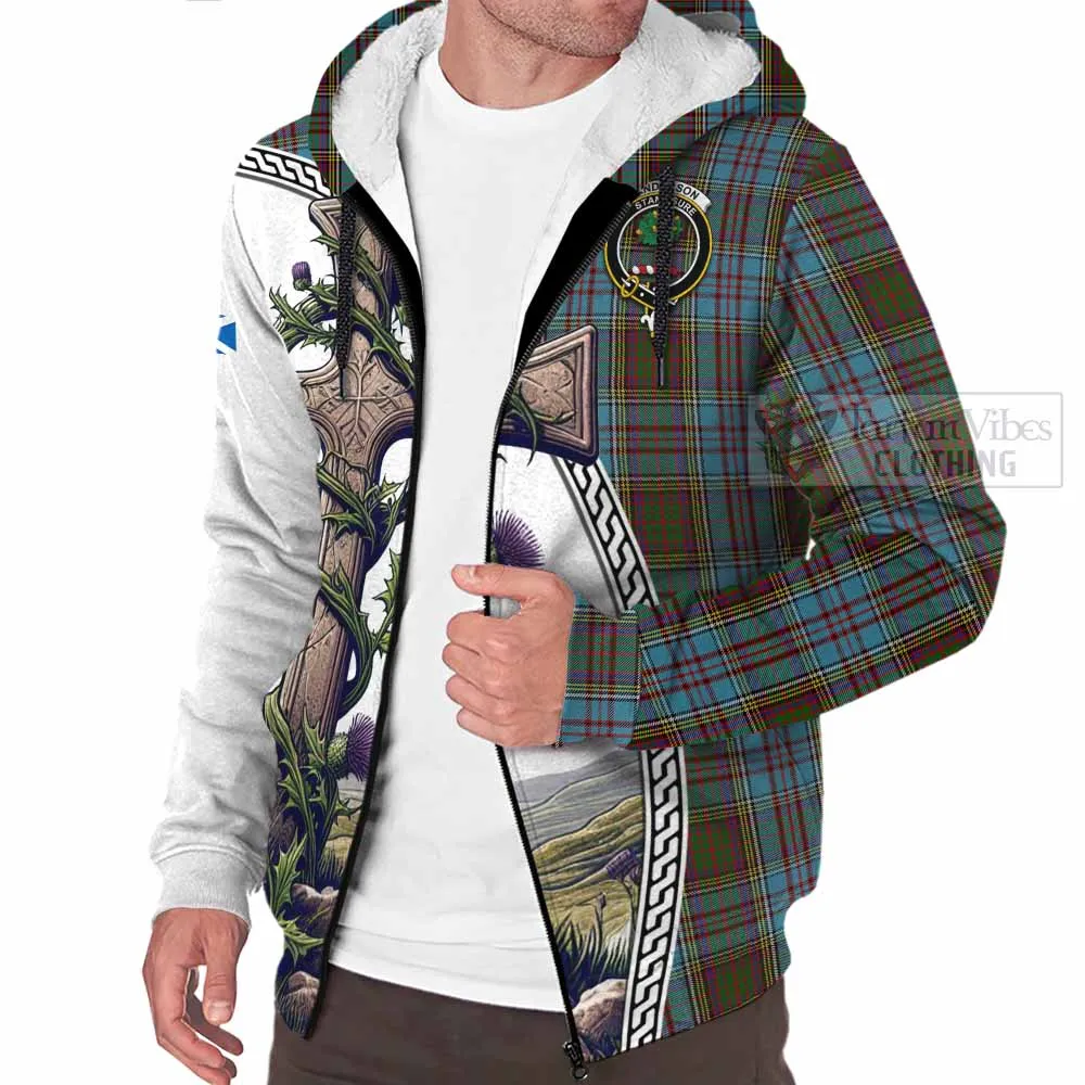 Anderson Tartan Sherpa Hoodie with Family Crest and St. Andrew's Cross Accented by Thistle Vines