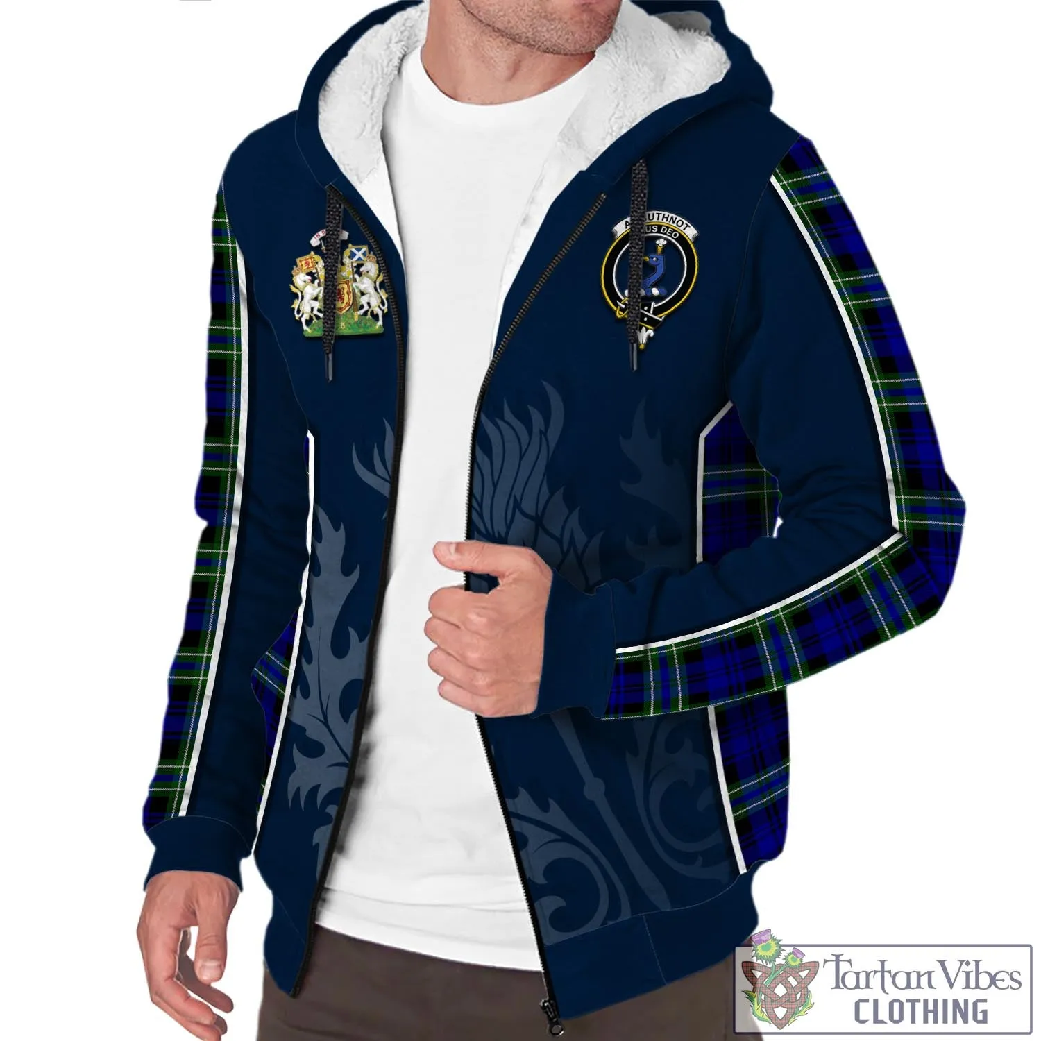 Arbuthnot Modern Tartan Sherpa Hoodie with Family Crest and Scottish Thistle Vibes Sport Style