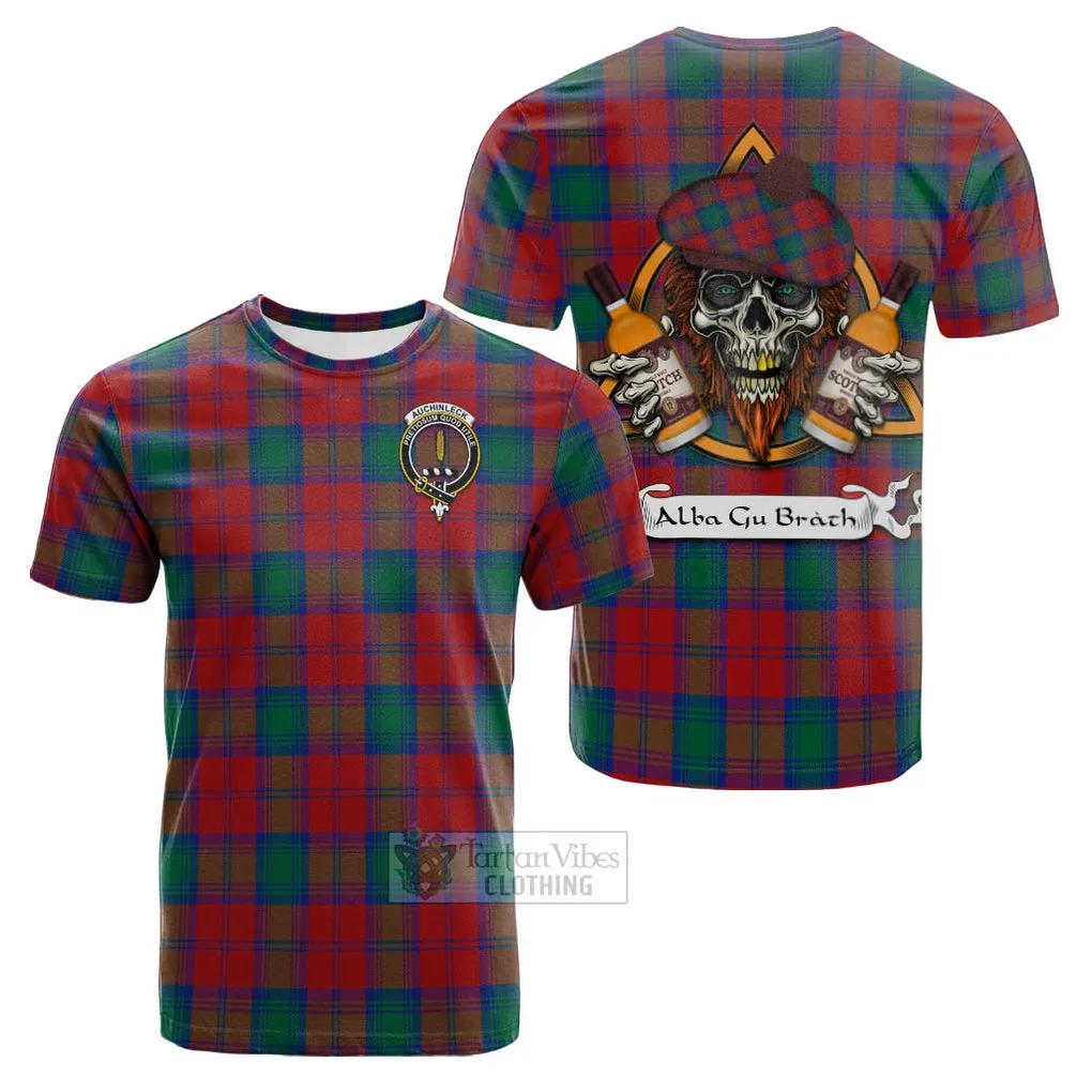 Auchinleck (Affleck) Tartan Cotton T-shirt with Family Crest and Bearded Skull Holding Bottles of Whiskey