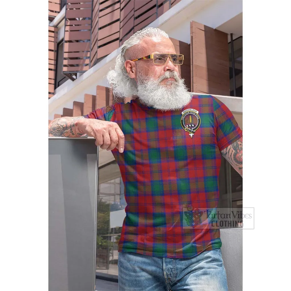 Auchinleck (Affleck) Tartan Cotton T-shirt with Family Crest and Bearded Skull Holding Bottles of Whiskey