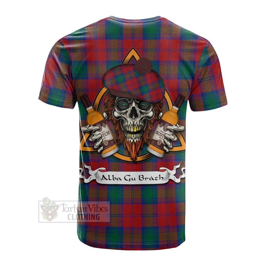 Auchinleck (Affleck) Tartan Cotton T-shirt with Family Crest and Bearded Skull Holding Bottles of Whiskey