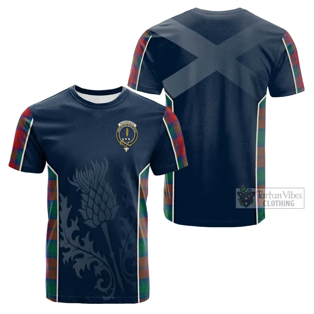 Auchinleck (Affleck) Tartan Cotton T-shirt with Family Crest and Scottish Thistle Vibes Sport Style