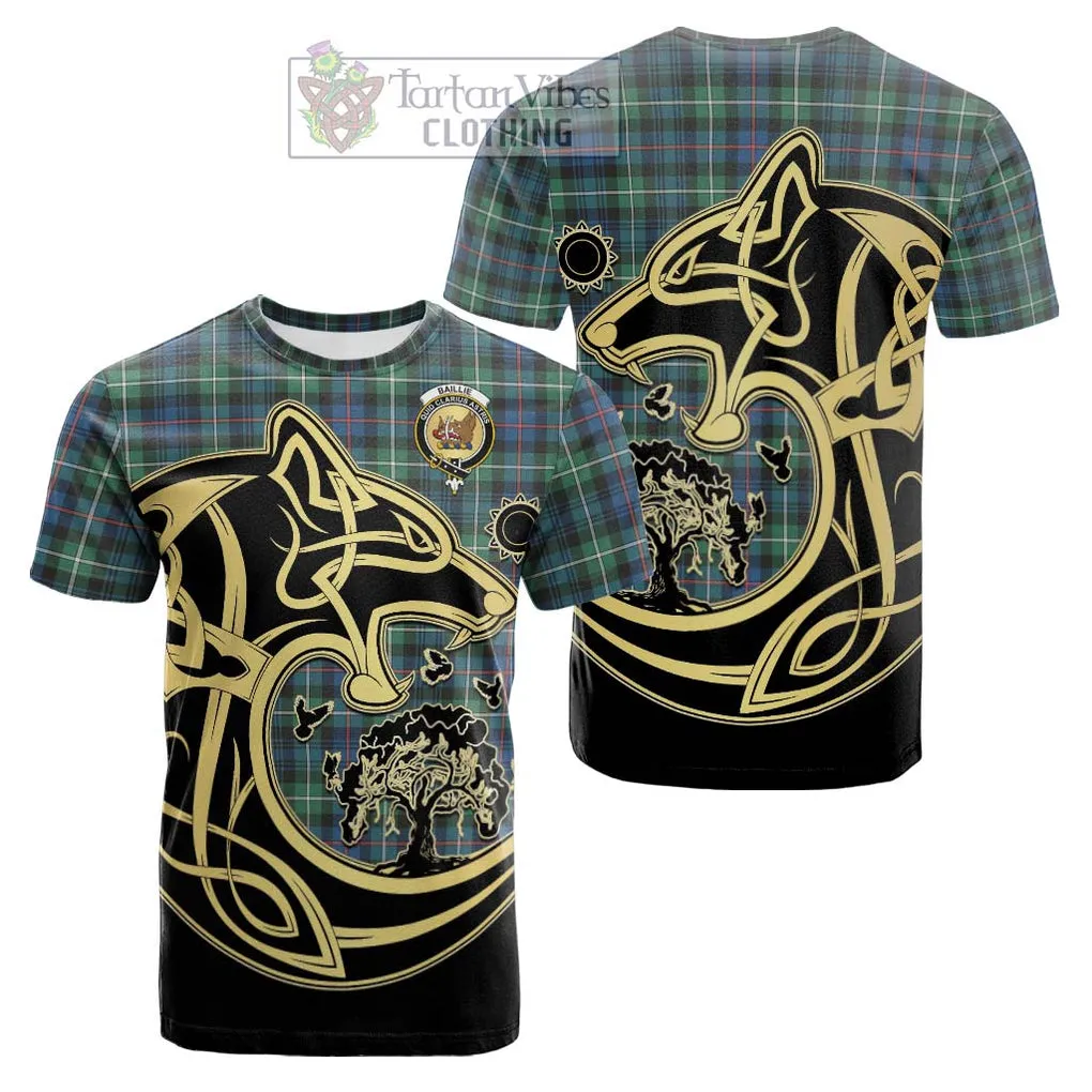 Baillie Ancient Tartan Cotton T-shirt with Family Crest Celtic Wolf Style