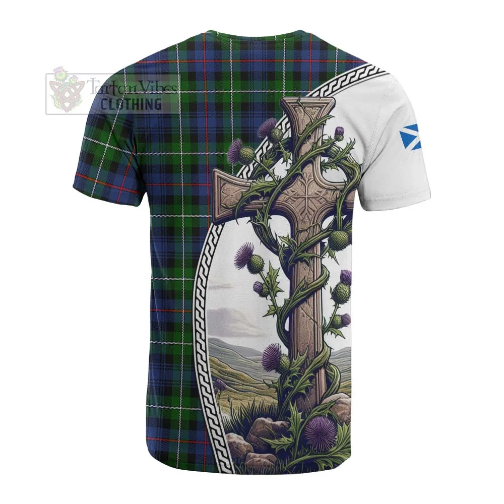 Baillie (Bailey) Tartan Cotton T-shirt with Family Crest and St. Andrew's Cross Accented by Thistle Vines