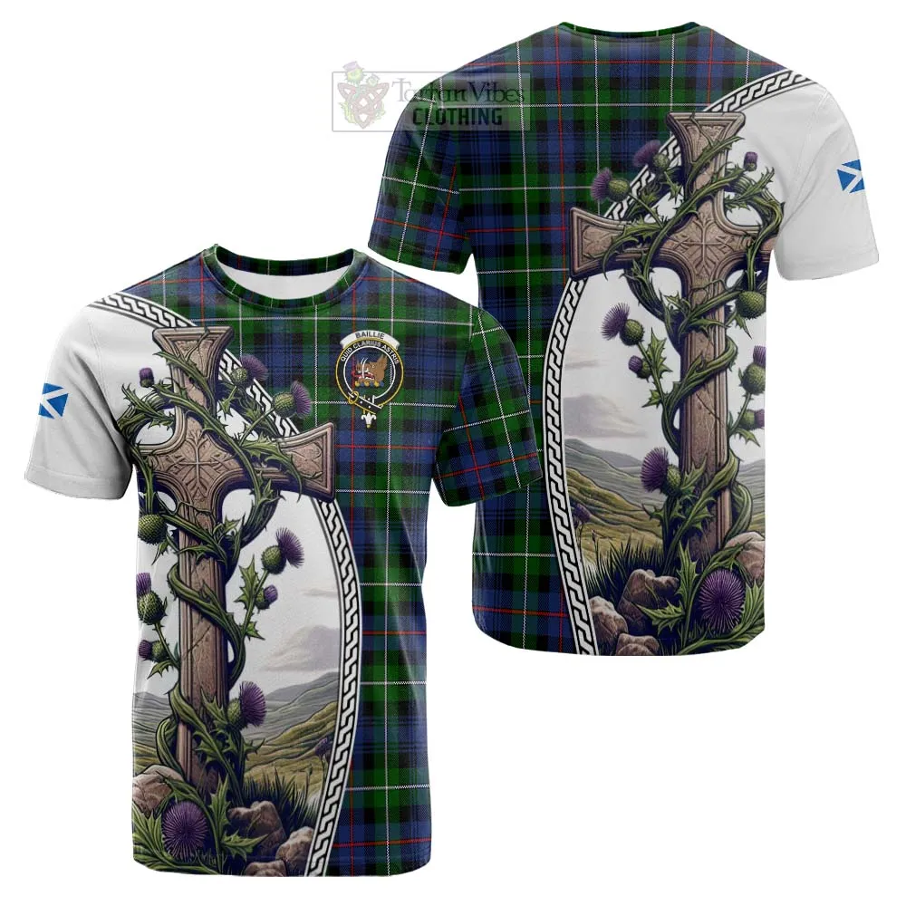 Baillie (Bailey) Tartan Cotton T-shirt with Family Crest and St. Andrew's Cross Accented by Thistle Vines