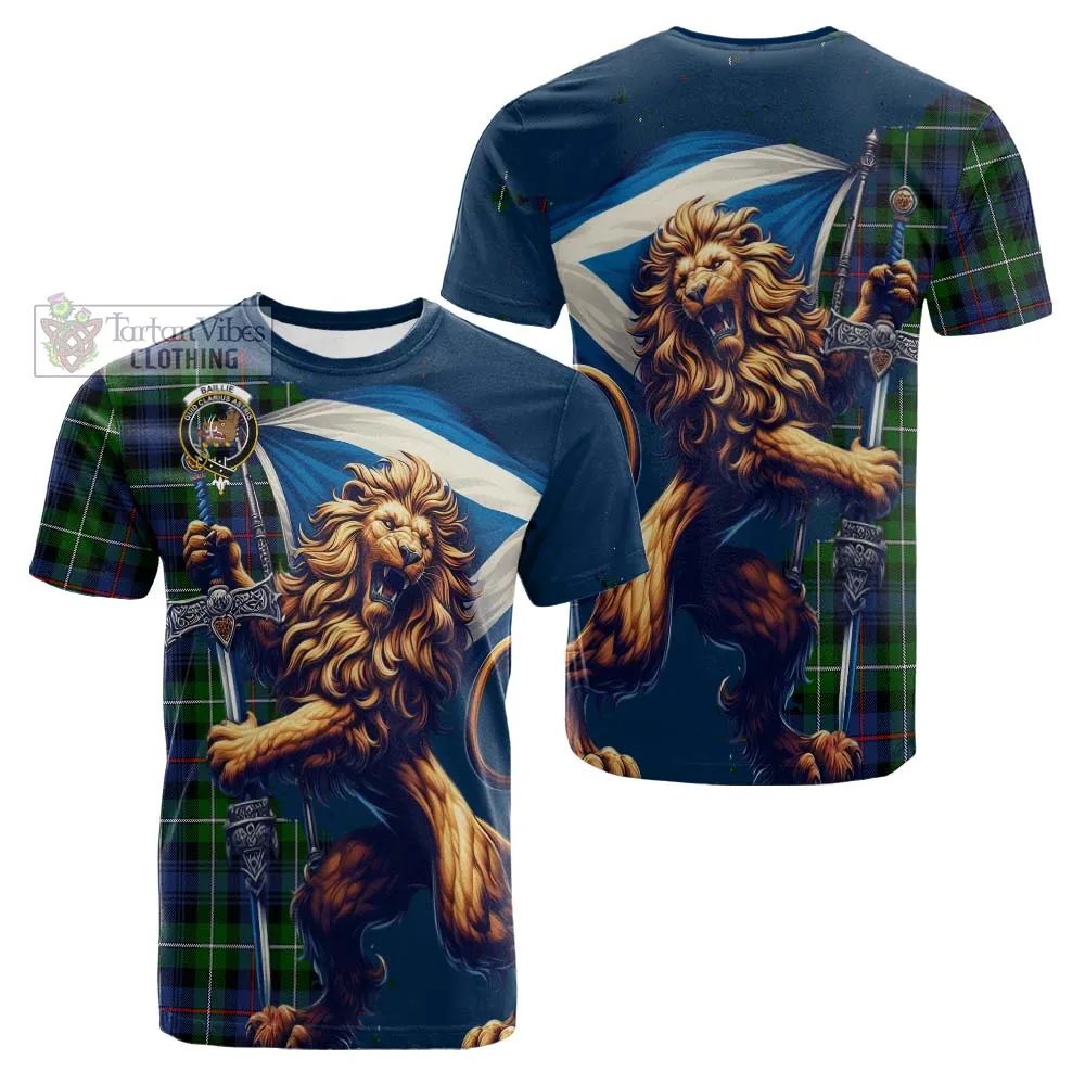 Baillie (Bailey) Tartan Family Crest Cotton T-shirt with Scottish Majestic Lion