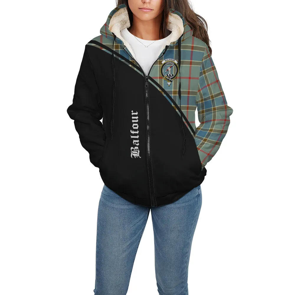 Balfour Blue Tartan Sherpa Hoodie with Family Crest Curve Style