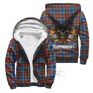 Bethune Tartan Sherpa Hoodie with Family Crest and Bearded Skull Holding Bottles of Whiskey