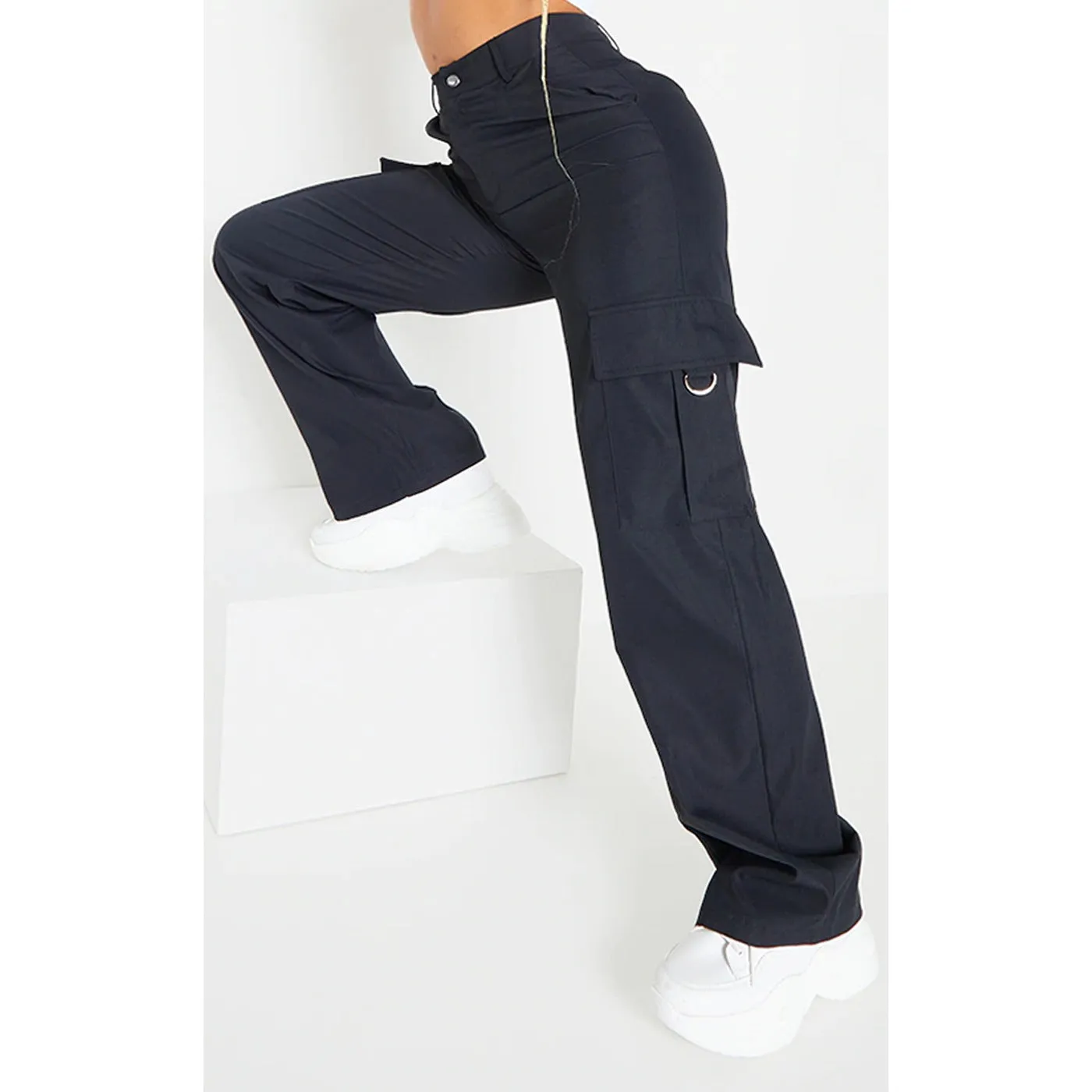 Black Buckle Detailed Cargo Trousers