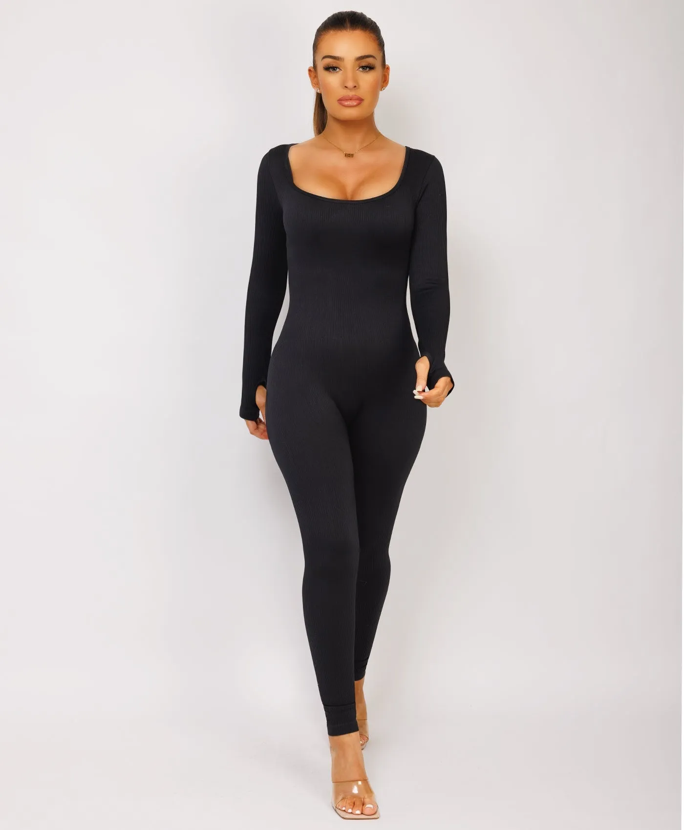 Black Elastic Ribbed Long Sleeve Butt Lift Jumpsuit