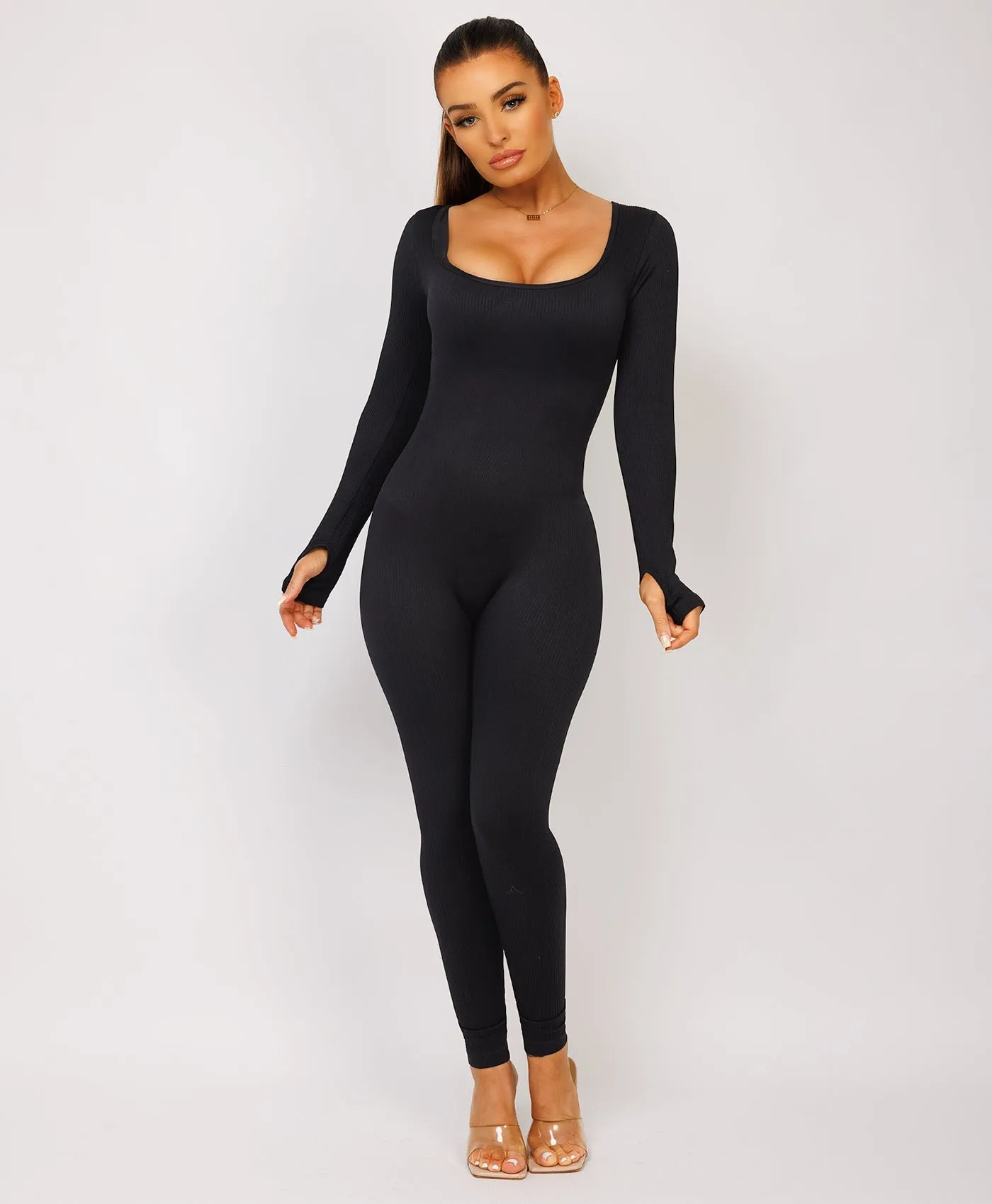 Black Elastic Ribbed Long Sleeve Butt Lift Jumpsuit