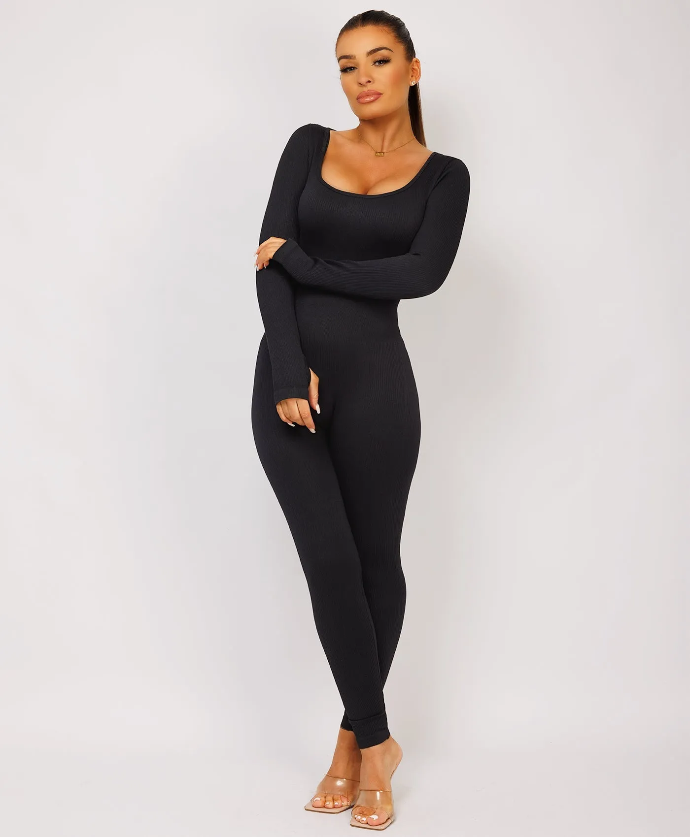 Black Elastic Ribbed Long Sleeve Butt Lift Jumpsuit