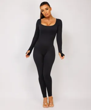 Black Elastic Ribbed Long Sleeve Butt Lift Jumpsuit