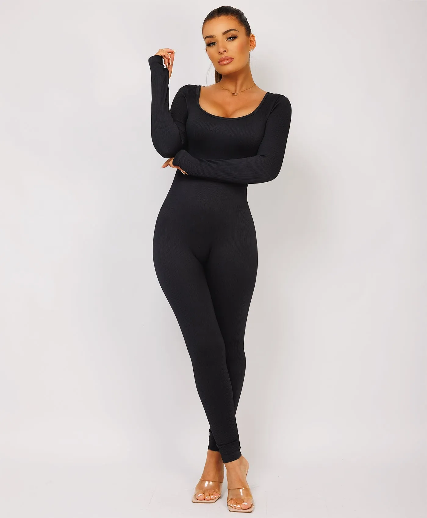 Black Elastic Ribbed Long Sleeve Butt Lift Jumpsuit