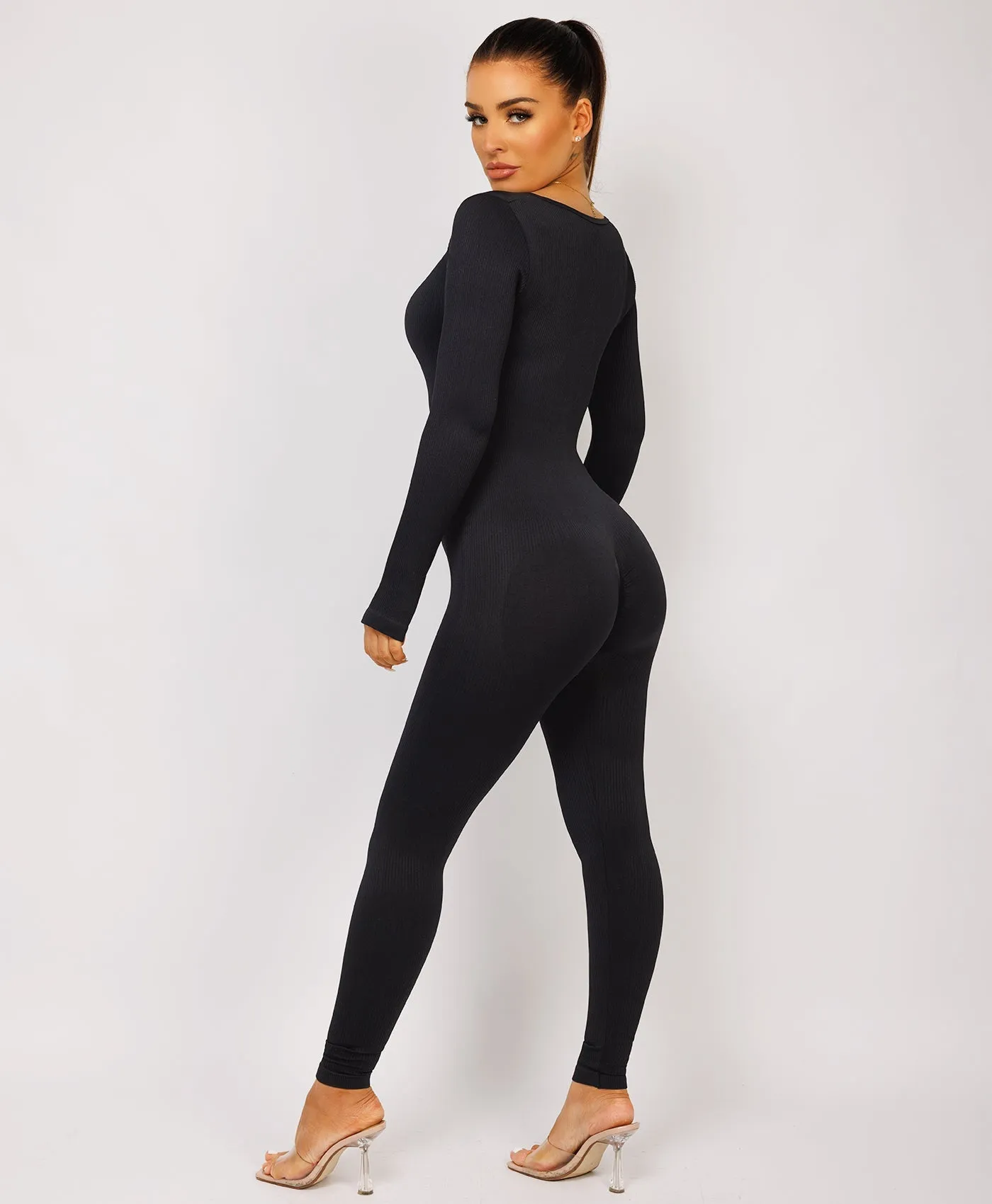 Black Elastic Ribbed Long Sleeve Butt Lift Jumpsuit