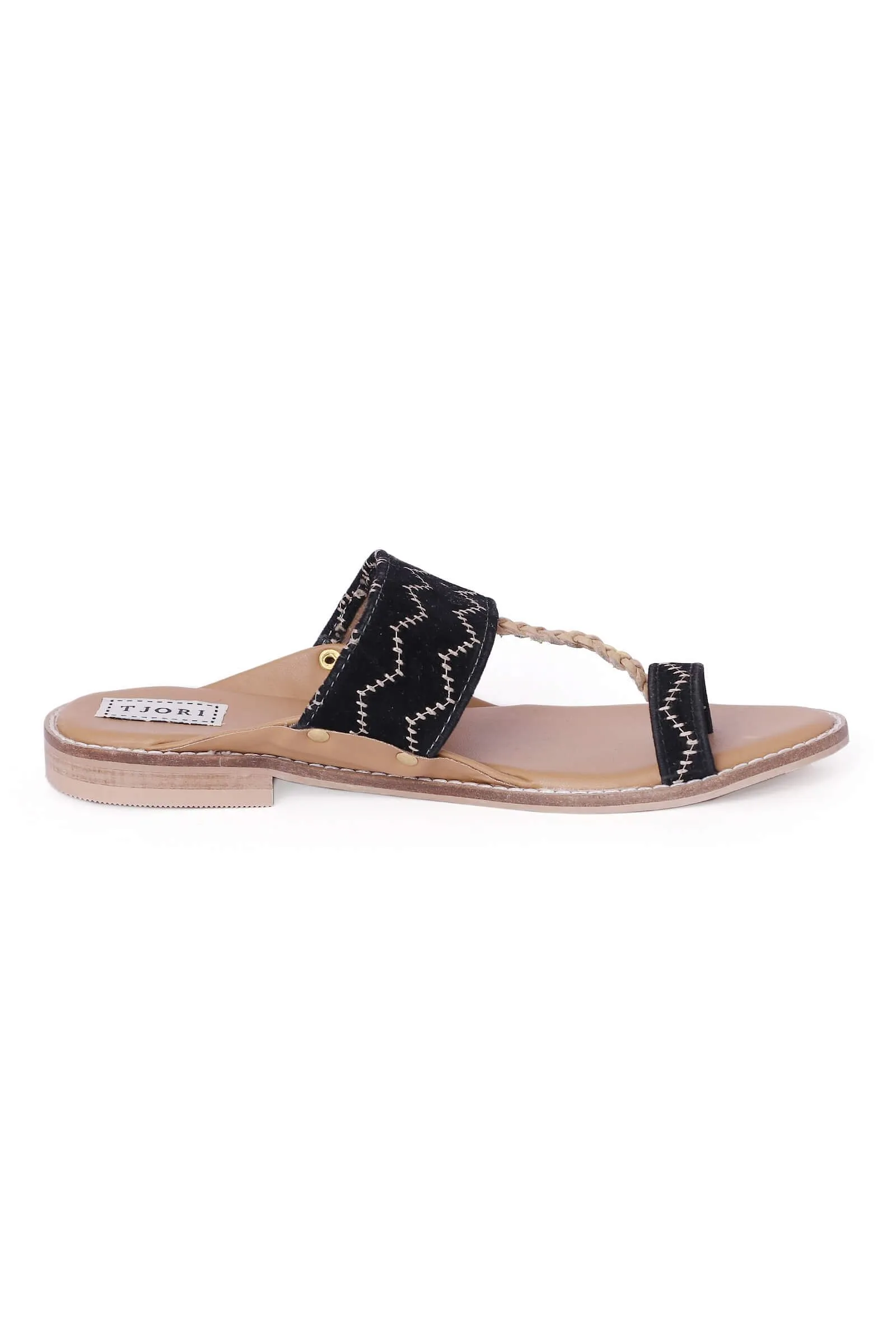 Black Kantha Embroidered Kolhapuri Inspired Chappals