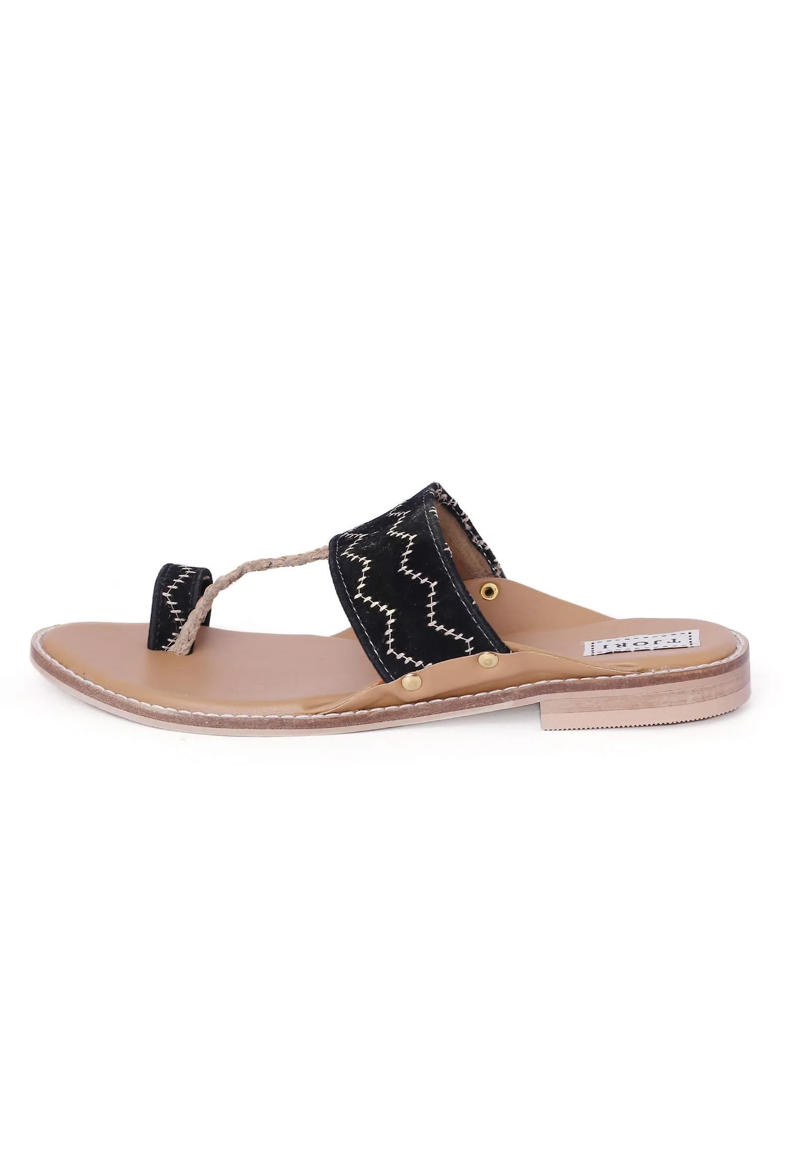 Black Kantha Embroidered Kolhapuri Inspired Chappals