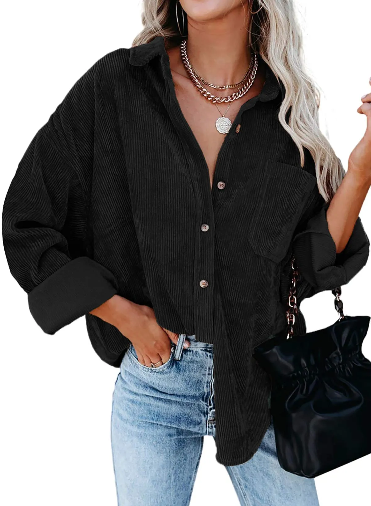 Black Long Sleeve Womens Corduroy Button Down Shirts Boyfriend Long Sleeve Oversized Blouses Tops - Dokotoo