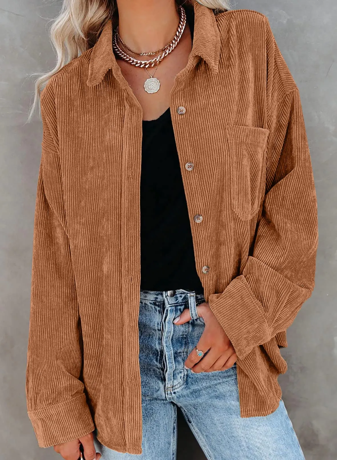 Black Long Sleeve Womens Corduroy Button Down Shirts Boyfriend Long Sleeve Oversized Blouses Tops - Dokotoo