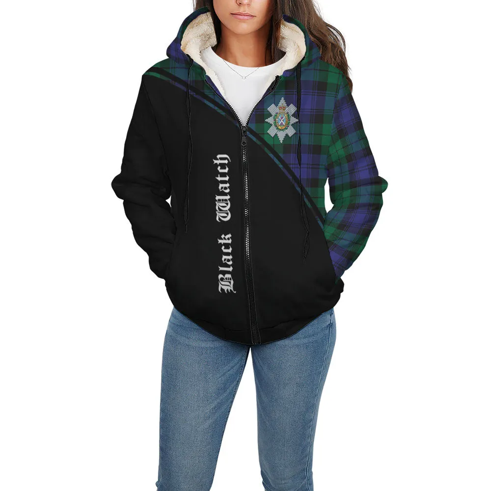 Black Watch Modern Tartan Sherpa Hoodie with Family Crest Curve Style