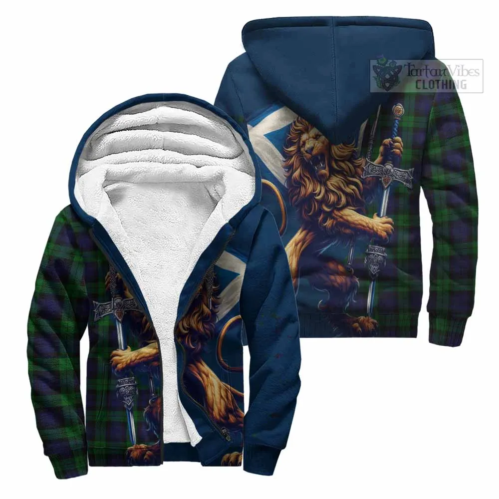 Black Watch Tartan Family Crest Sherpa Hoodie with Scottish Majestic Lion