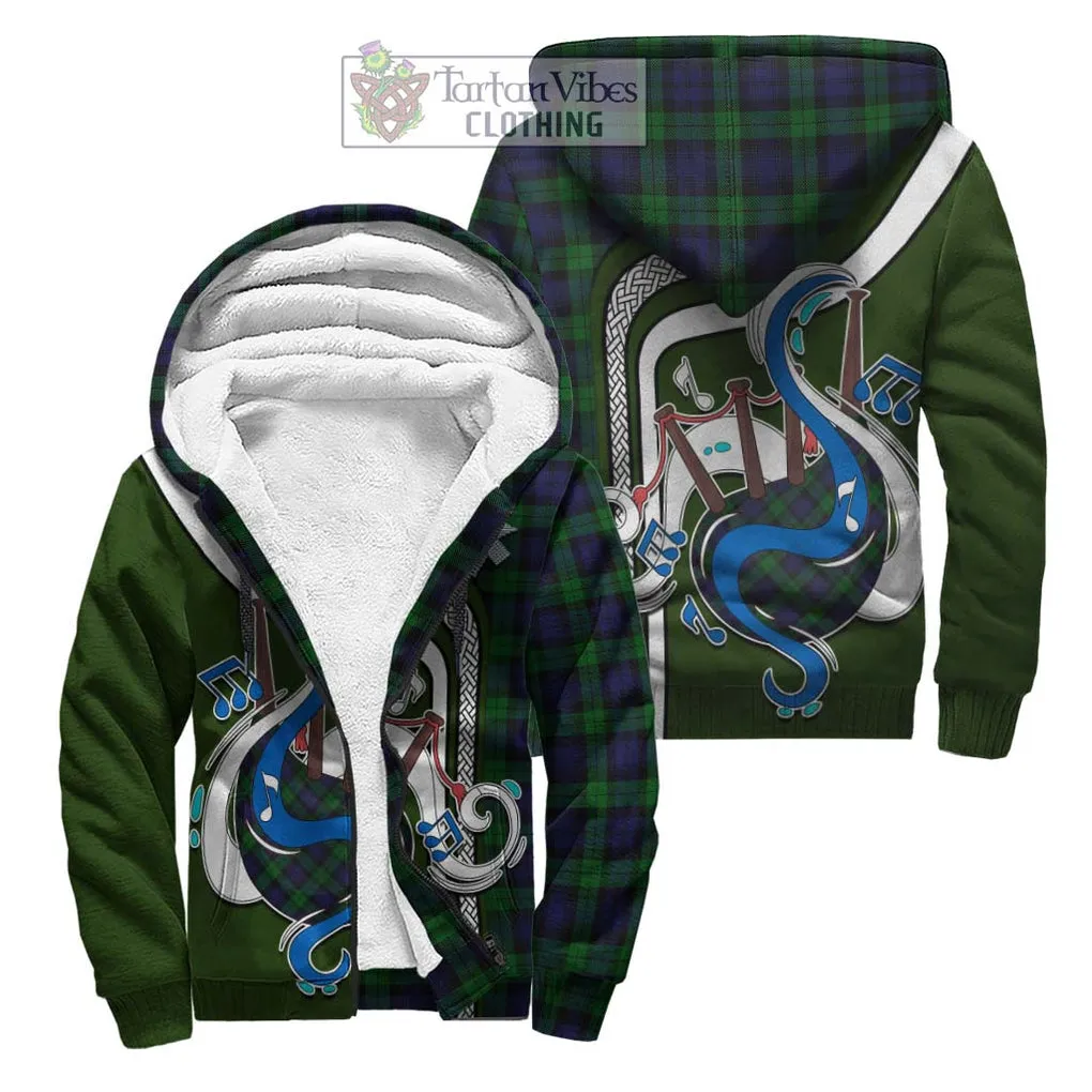 Black Watch Tartan Sherpa Hoodie with Epic Bagpipe Style