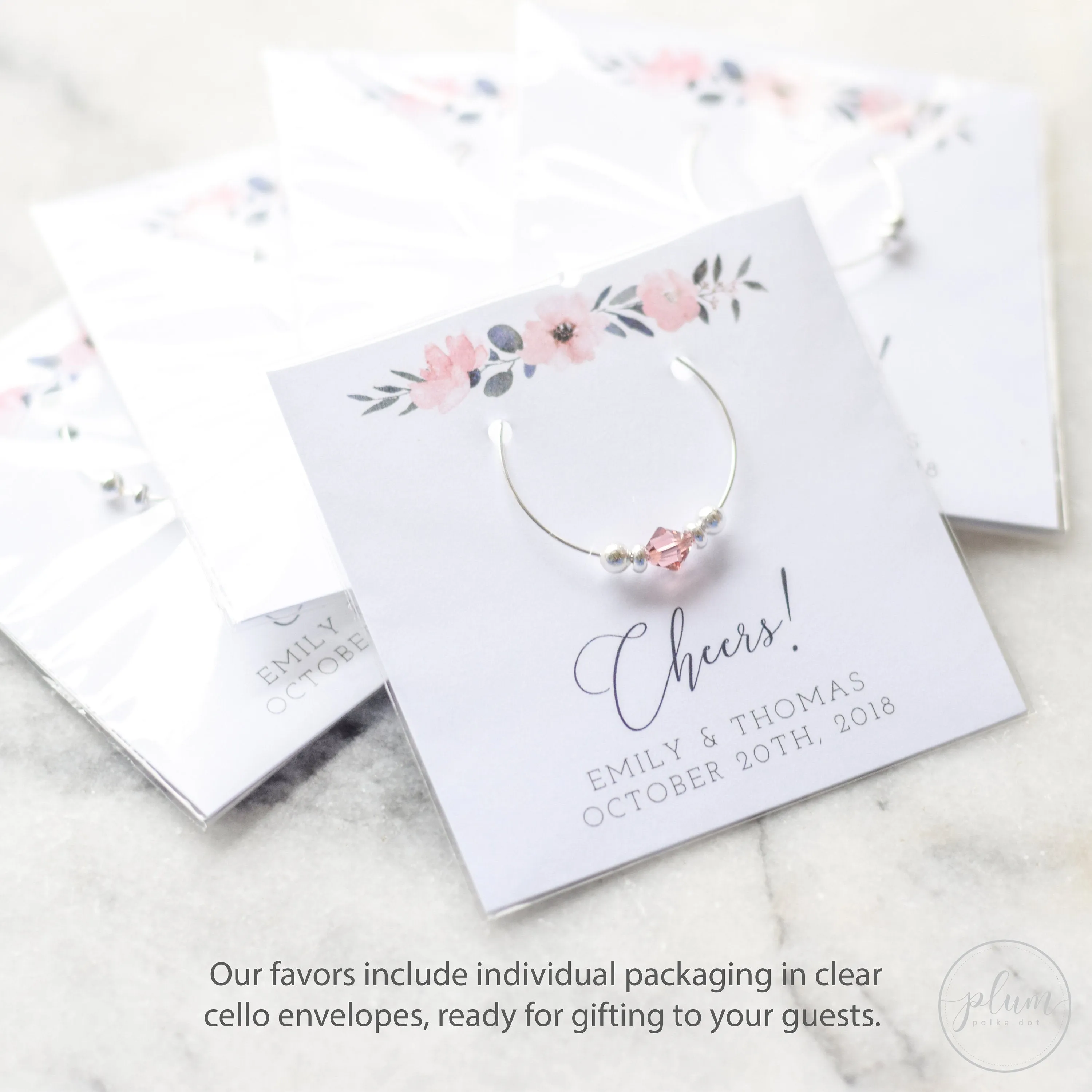 Blush Pink Floral Wedding Favor, Swarovski Crystal Wine Charms - FR100