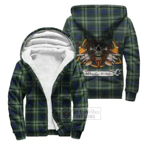 Blyth Tartan Sherpa Hoodie with Family Crest and Bearded Skull Holding Bottles of Whiskey