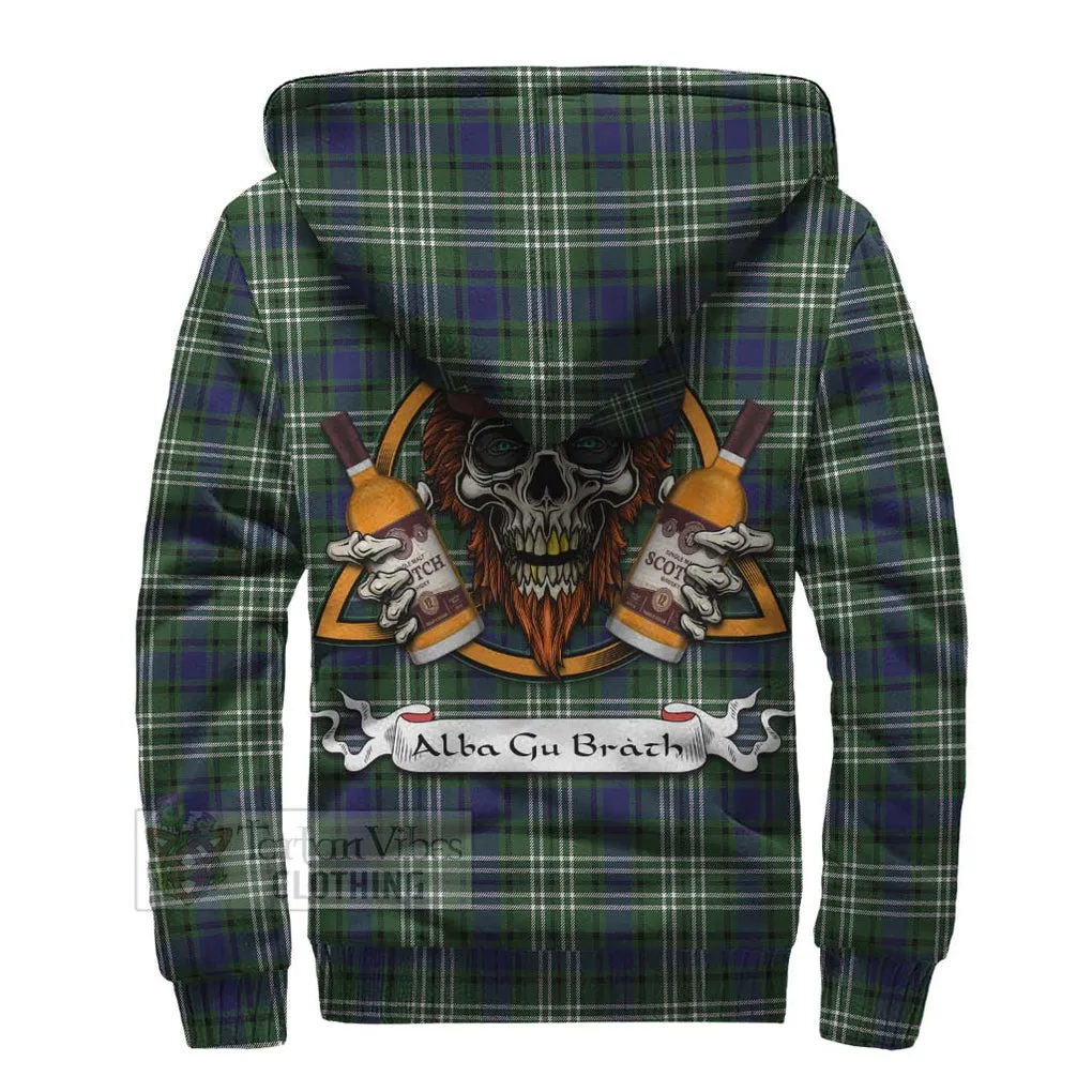 Blyth Tartan Sherpa Hoodie with Family Crest and Bearded Skull Holding Bottles of Whiskey