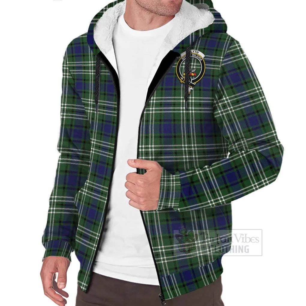 Blyth Tartan Sherpa Hoodie with Family Crest and Bearded Skull Holding Bottles of Whiskey