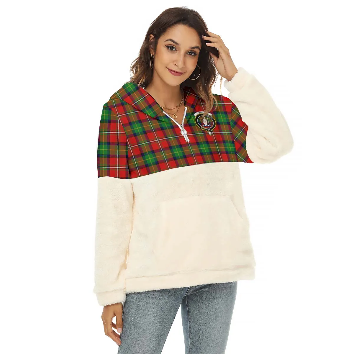 Boyd Tartan Women's Borg Fleece Hoodie With Half Zip with Family Crest