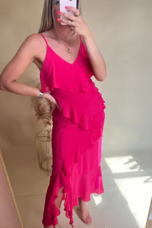 Bright pink ruffle midi dress