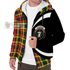 Buchanan Modern Tartan Sherpa Hoodie with Family Crest Circle Style